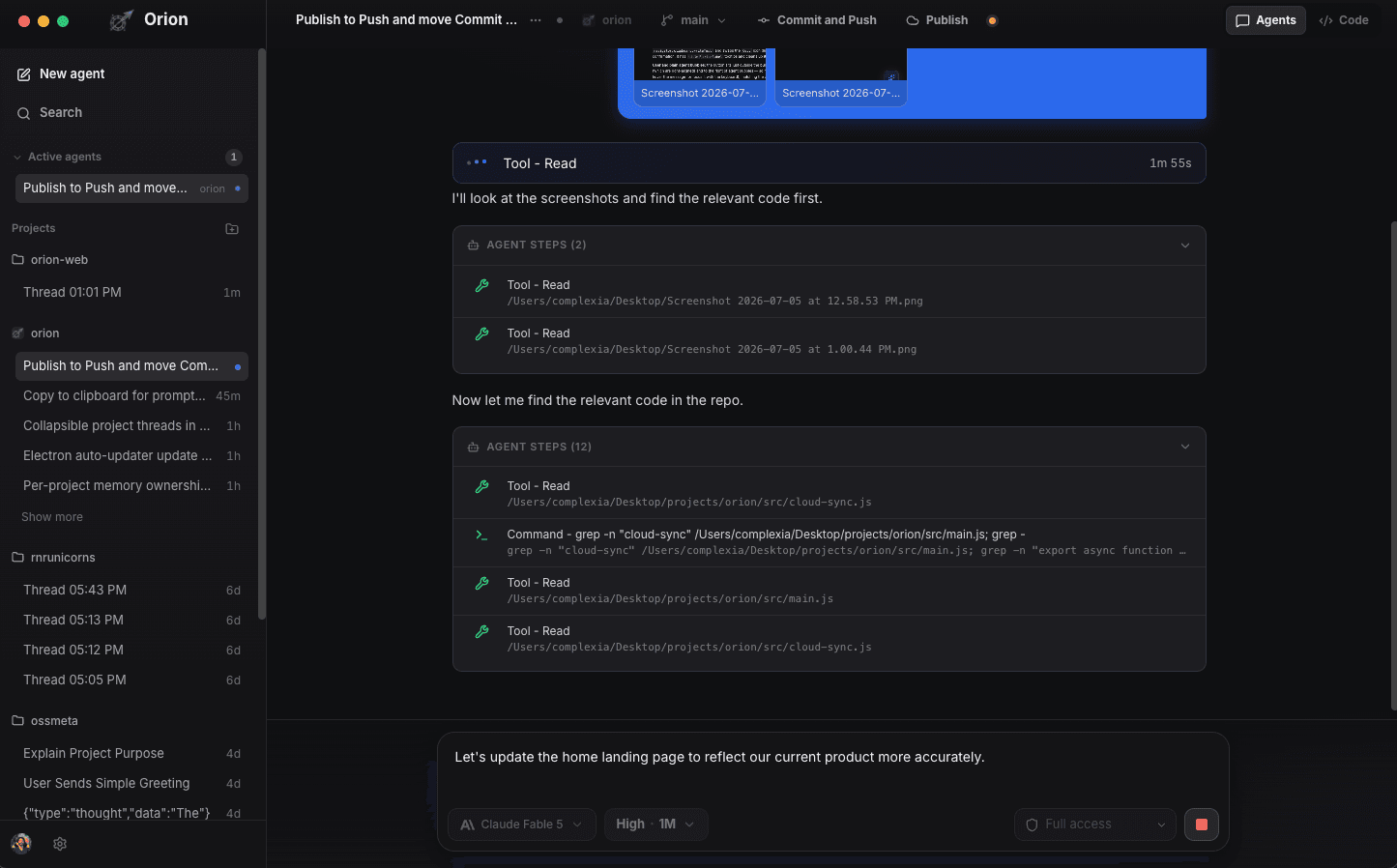 Orion Agents view showing an agent thread with tool-call steps, project sidebar, and model controls